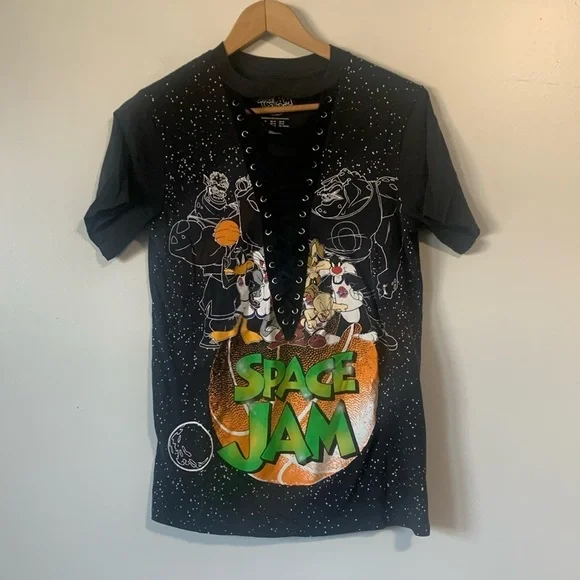 Vintage Space Jam T Shirt Womens Medium Looney Tunes Black Laced Short Sleeve - Picture 1 of 7
